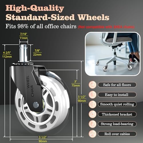 3 Inch Office Chair Casters Heavy Duty (5-Pack) - 650LBS Capacity PU Wheels,Office Chair Wheels Replacement，Non-Marking Hardwood Floor Safe,Fits Standard 7/16" x 7/8" Stem Chairs
