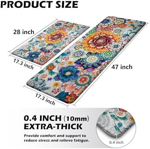 Floral Kitchen Rugs Mats for Floor 2 Piece Flowers Anti Fatigue Kitchen Mats Non Slip Cushioned Comfort Standing Mat for Sink, Office, Laundry, 17.3x28+17.3x47 Inch