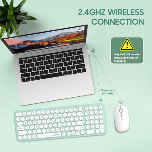 Wireless Keyboard and Mouse Combo,XTREMTEC 2.4GHz Quiet Slim Cute Round Keycap Compact Size Green Kawaii Cordless Retro Keyboard Mouse Set Home Office Accessories for Mac/Windows(Macaron Green)
