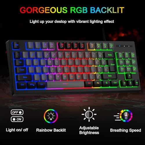 BlueFinger RGB 87 Keys Gaming Keyboard and Backlit Mouse Combo, USB Wired Rainbow Keyboard, Gaming Keyboard Set for Laptop PC Computer Game and Work(Black & Gray)