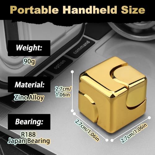 Dilabnba Metal Cube Fidget Spinner Toy for Kids Adults, Gold Cube Fidget Block Figner Spinner Focus 2 in 1 Spinning for Boys 3-12, Mini Gadget Easter Basket Stuff Desk Relaxing EDC Toy
