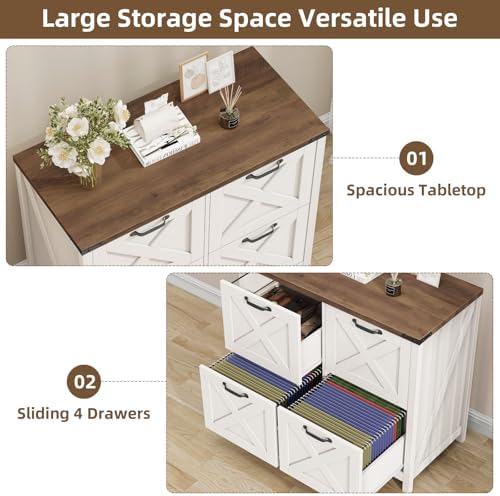 Halitaa Farmhouse Lateral File Cabinet with 4 Drawers, White and Brown