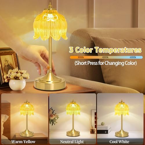 Cordless Table Lamp, Rechargeable Honey Gold Glass Lotus Flower Lamp