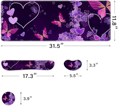 Desk Pad and Keyboard Wrist Rest, Large Mouse Pad + Keyboard Pad+Mouse Wrist Support, Non-Slip Desk Mat Protector for Office, Home 31.5×11.8 Inches Purple Butterfly
