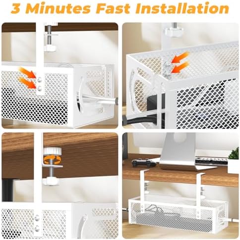 Under Desk Cable Management Tray, 15.7'' No Drill Steel Desk Cable Organizers, Wire Management Tray Cable Management Rack (1 Pack-White)