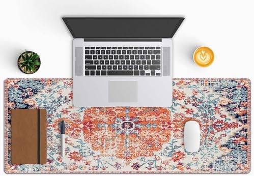 Large Gaming Mouse Pad with Stitched Edges, Carpet Pattern Boho Style Ethnic Design Orange Pink Desk Mat, Extended Keyboard Pad, Non-Slip Rubber Base Desk Pad for Keyboard and Mouse, 31.5X11.8 inch