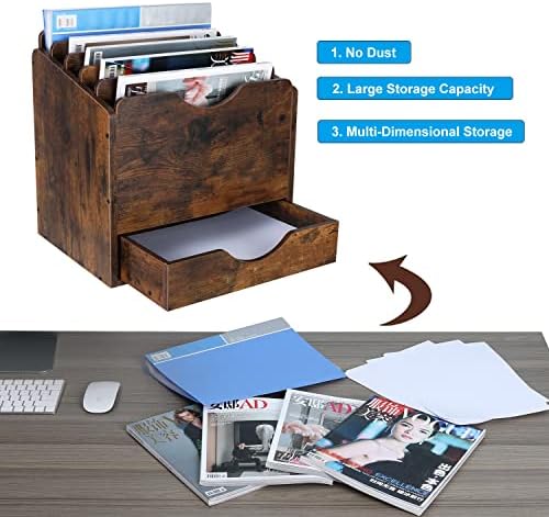 PAG-Mass Wood Desktop File Holder Organizer Mail Sorter with Drawer, for File Folders, Mails, Envelopes, Mailing Supplies or Magazines, 6 Compartments, Antique Brown