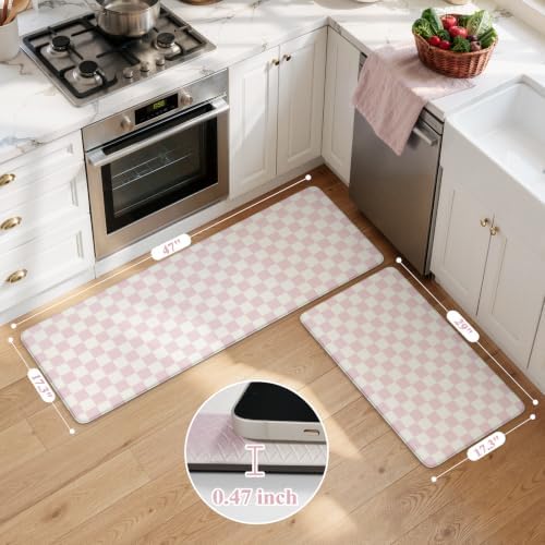 KIMODE Kitchen Anti Fatigue Mats, Light Pink Checkered Home Decor Carpet