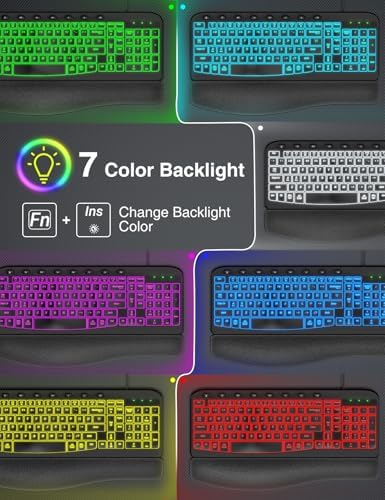 SABLUTE Ergonomic Keyboard, USB Wired with Cushioned Wrist & Palm Rest, 7-Color Backlit Adjustable Brightness for Windows, macOS, Desktop, Laptop & PC