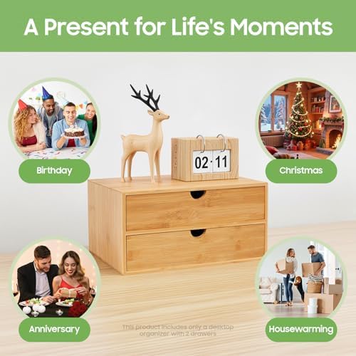 Bamboo Desk Organizer with 2 Drawers, Natural Wood Tabletop Storage Box | No-Assembly Countertop Drawer for Office Home Makeup Jewelry Stationery