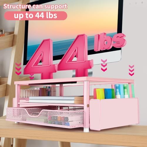 AUPSEN Pink Desk Organizers and Accessories, 2-Tier Wood Computer Monitor Stand with Drawer, Pen Storage & Phone Holder, Office Desk Accessories, Workspace Desktop Organization for Office Supplies