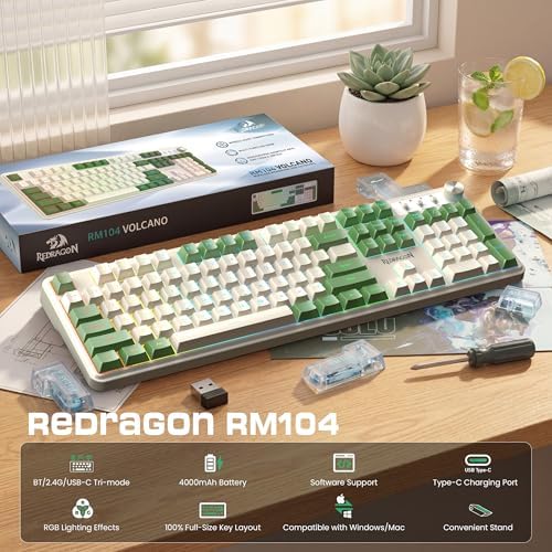 Redragon RM104 Wireless Gaming Keyboard with Knob, Tri-Mode BT/2.4G/USB-C RGB Computer Keyboards, 4000mAh Battery, Programmable Software Support, Anti-Ghosting, Compatible with PC Mac - White & Green