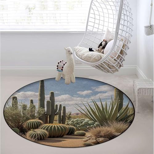 Natural Desert Gaming Chair Mat for Computer Desks, Cactus Landscape Style Anti-Slip & Scratch-Resistant Floor Protector for Rolling Chairs, Earth Blue Diameter 59 in