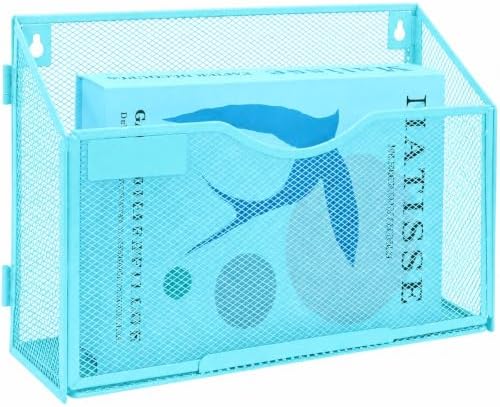 1 Pocket Mesh Wall File Holder Organizer Office Hanging File Folder Magazine Rack, Nametag Label Hooks Set Included (Blue)
