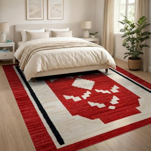 8'x10' Red Ivory Cat Crimson Boho Geometric Ultra-Soft Area Rug