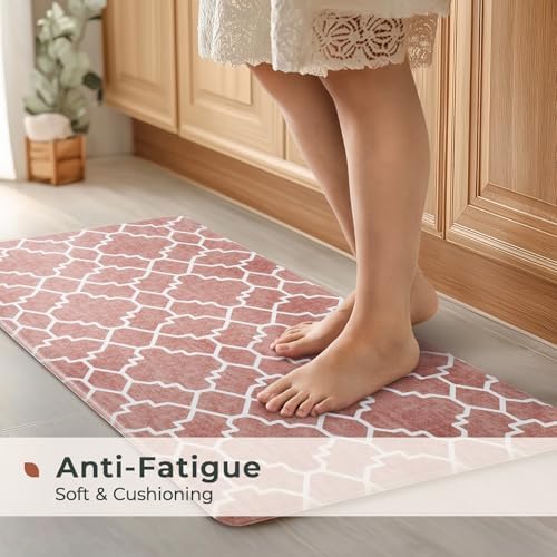 FRESHMINT Kitchen Mat Set of 2, Anti-Fatigue Cushioned Kitchen Mats for Floor, Waterproof Non Slip Comfort Standing Mat, Boho Kitchen Rug for Kitchen Decor, Sink, Office, 17"x30"+17"x47", Terracotta