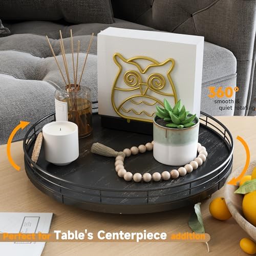 AMH 12-Inch Oak Lazy Susan Vanity Tray with Black Brush Gold Metal Rail