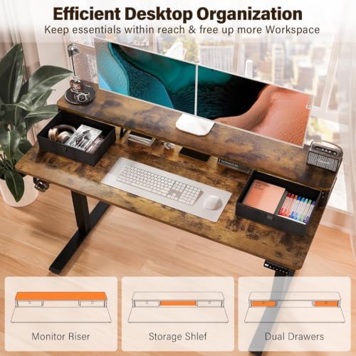 Kingant 48x24 Inch Electric Standing Desk with Dual Drawers, Rustic Brown