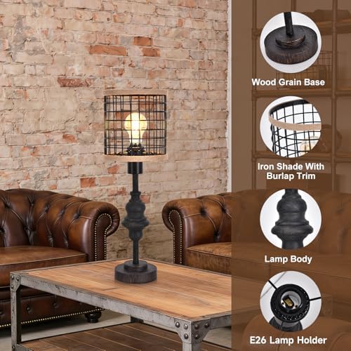 2 Pack Black Industrial Metal Mesh Table Lamp, 20" Tall Farmhouse Bedside Lamp with Burlap Trim, 5ft Brown Cord Rotary Switch, E26 Bakelite Socket for Bedroom Living Room