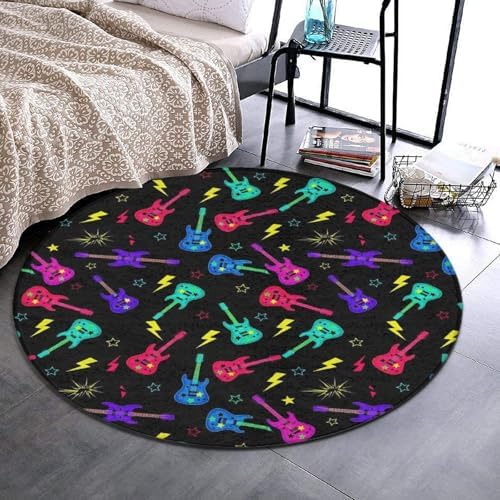 Men's Large Home Decor Mat, Soft Round Yoga Carpet, Non Slip Machine Washable Home Office Circle Rug Trippy Neon Electric Guitars, 24inch