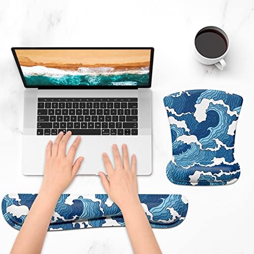 ITNRSIIET Mouse Pad Wrist Support Keyboard Wrist Rest Pad Ergonomic Mousepad Non-Slip Memory Foam Keyboard Pad Easy Typing Pain Relief Perfect for PC Laptop Gaming Office, Japanese Style Waves
