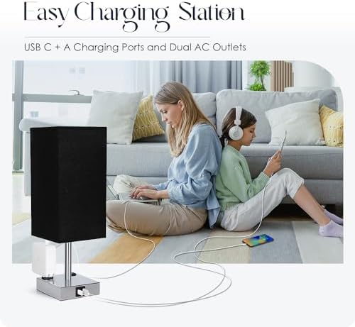 Bedside Lamp with USB Ports - Touch Control Table Lamp for Bedroom with USB C+A Charging Ports & AC Outlets, 3 Way Dimmable Nightstand Light for Living Room (Bulb Included, Black)