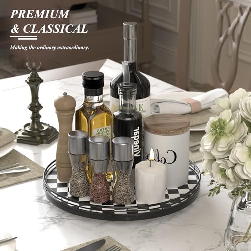 AMH 13-Inch Black and White Checkerboard Lazy Susan with Oak Wood Base