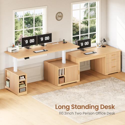 SEDETA Fluted L Shaped Standing Desk with Storage for Home Office, Oak