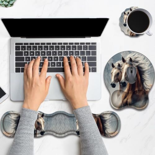 Ergonomic Keyboard Wrist Rest & Mouse Wrist Support Set with Lace Coaster, Gel Memory Foam Anti-Slip Base, Pain Relief for Typing, Horse