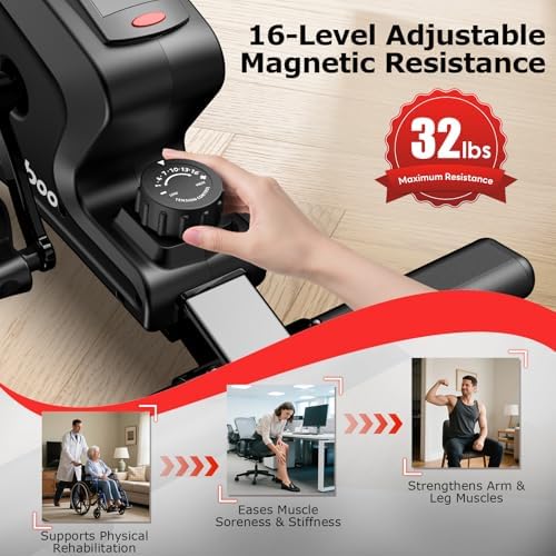 pooboo Under Desk Bike Pedal Exerciser, Quiet Magnetic Mini Exercise Bike with 16 Resistance Levels, Arm & Leg Workout, Resistance Bands，Desk Pedal Bike for Home/Office Workout
