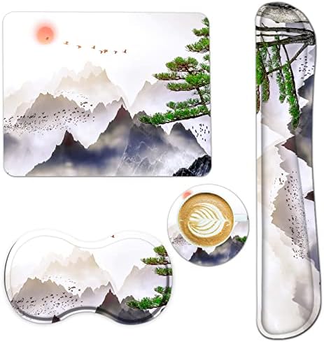 AIMSA Keyboard Wrist Rest Support + Mouse Pad + Mouse Wrist Rest + Coaster, Ergonomic Memory Foam Anti-Slip Rubber Base 4 PCS Set Easy Typing Pain Relief, Pine Tree Mountains