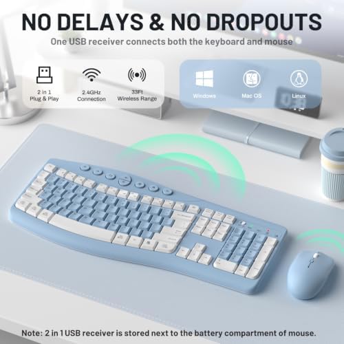 Wireless Keyboard and Mouse Combo Silent for Office,Ergonomic Curved Design
