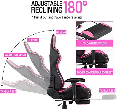 POWERSTONE Gaming Chair - Pink Ergonomic Gaming Chair with Footrest for Women Racing Esports Computer Chair High-Back Lumbar Massage Leather Recliner Rolling Swivel Chair (Pink)