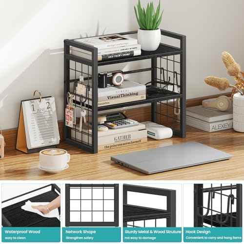ELITEROO Desk Shelf Organizer, 2 Tier Wooden Desktop Bookshelf, Black