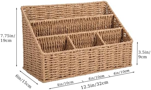 DINGTAI Rattan Desk Organizer, Tabletop Mail Holder, 5 Slot Mail Organizer Countertop Basket, Rattan Office Supplies, Boho Office Desk Accessories, Wicker Desk Organizer, Magazine Holder（Wicker）
