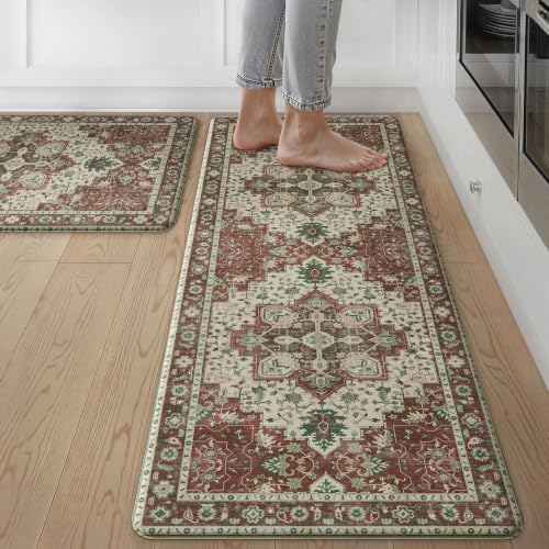 GENIMO Christmas Kitchen Mats for Floor, Anti Fatigue Mats 2PCS,Red
