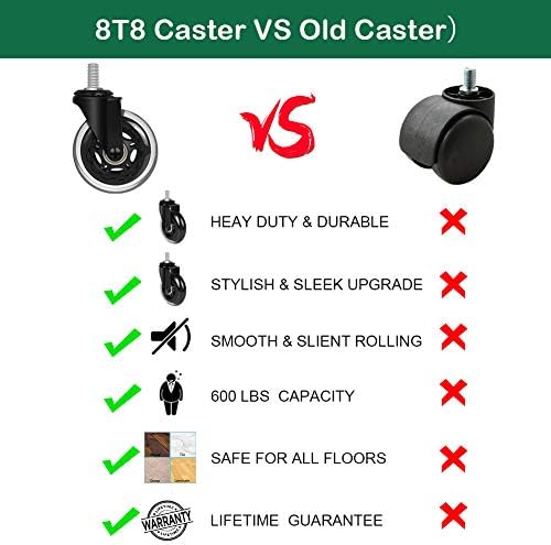 Replacement Office Chair Caster Wheels by 8T8, Set of 5, Rubber Chair Casters with Threaded Stem 3/8''-16X1(NOT Metric M10), Quiet and Smooth Gliding,Safe for Woood Hardwood Carpet Floors