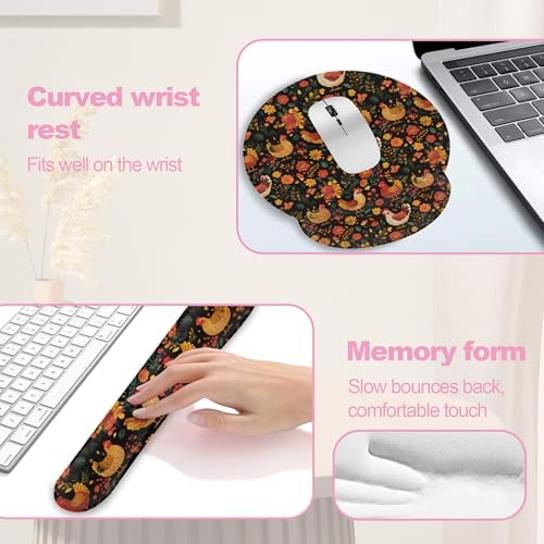 Chicken Rooster Hen Flower Meadow Mouse Pad with Wrist Rest Set,3-in-1 Wrist Support Mousepad Set,Gaming Mat Pad with Anti-Skid Base,Ergonomic Memory Foam Mouse Pad Set for Women,Office,Typing,Gaming