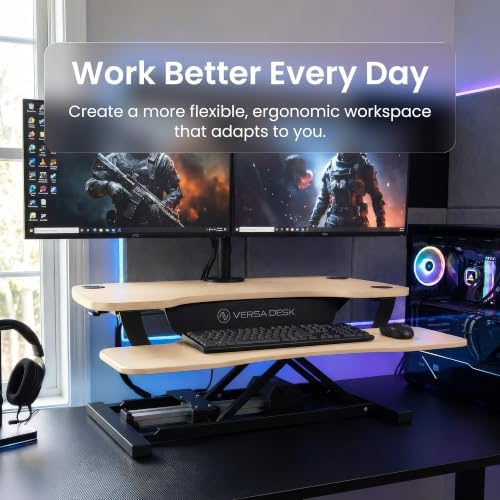 VERSADESK PowerPro 48 Inch Electric Standing Desk Converter – Push-Button Height Adjustable Sit to Stand Desk Riser for Multiple Monitors – Motorized Desktop Workstation with Wide Keyboard Tray