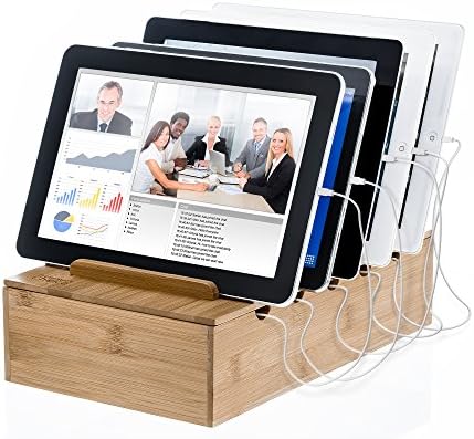 Prosumer's Choice Wooden Charging Station Organizer - 5-Port Base for Phones, Tablets and Laptops - Multi-Device Docking Station with Removable Divider Slots - Cord Box with Cable Management - Bamboo