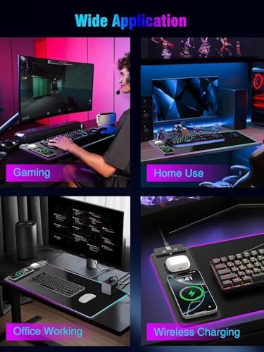 Mouse Pad with Magnetic Wireless Charging, Large Desk Pad Protector, RGB Black Desk Mat with 15W Fast Charger, Non-Slip Waterproof Mousepad for Office Home Gaming