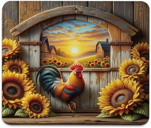 Rustic Farm Sunset with Rooster Mouse Pad, Blooming Sunflowers Desk Mat