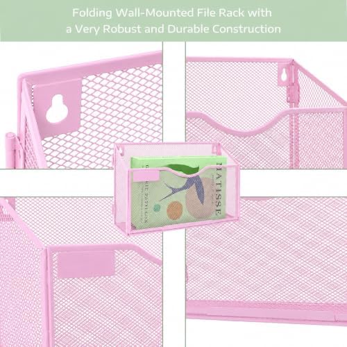 1 Pocket Mesh Wall File Holder Organizer Office Hanging File Folder Magazine Rack, Nametag Label Hooks Set Included (Pink)