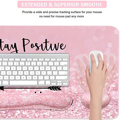 Large Mouse Pad and Keyboard Wrist Rest, Desk Pad for Keyboard and Mouse, 4-in-1 Large Gaming Mouse Pad with Wrist Support, Desk Mat for Home Office Study Game-Pink Stay Positive