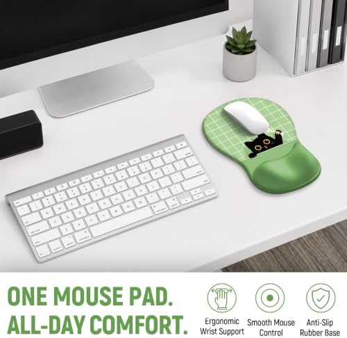 Ergonomic Mouse Pad with Wrist Rest, Gel Wrist Support, Green Cat