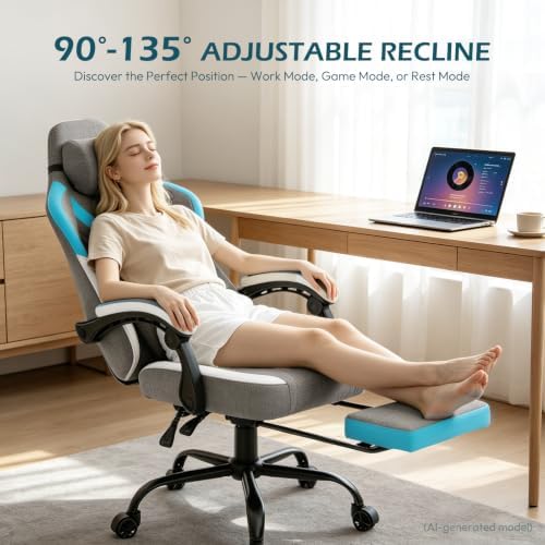 Ergonomic Gaming Chair for Adults - Comfortable Office Computer Chair with 20.5” Wide Seat, Adjustable Video Game Chair with Footrest and Lumbar Support for Home Office, Grey Blue