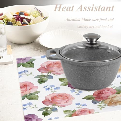 Shrahala Pink Plant Floral Set of 8 12 X 18 Inch Linen Placemats, Blue Abstract Roses Burlap Table Mat Washable Double Layered Heat Insulation for Indoor/Outdoor