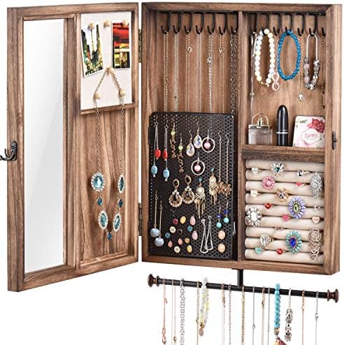 Keebofly Wall Mounted Jewelry Organizer Box Rustic Wood Large Space Jewelry Cabinet Holder Jewelry Storage Box for Necklaces, Earrings, Bracelets, Ring Holder, and Accessories (Carbonized Black)