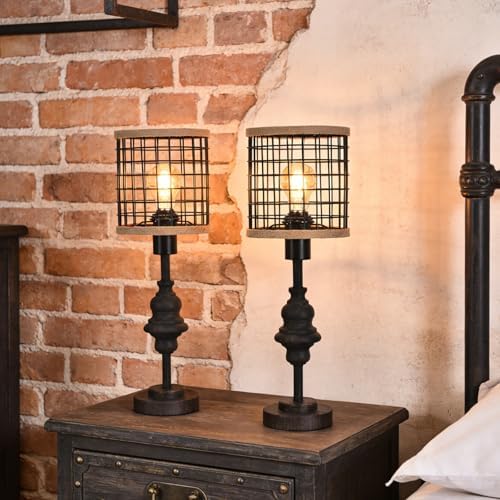 2 Pack Black Industrial Metal Mesh Table Lamp, 20" Tall Farmhouse Bedside Lamp with Burlap Trim, 5ft Brown Cord Rotary Switch, E26 Bakelite Socket for Bedroom Living Room
