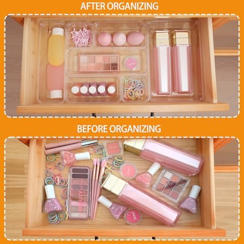 Clear Acrylic Drawer Organizers Set Storage for Makeup, Office Desk Small Vanity Trays for Drawer Bathroom Plastic Make up Organizers 25 Pcs